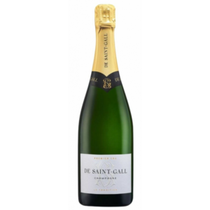 Botella de Champagne De Saint-Gall Sélection Brut con burbuja fina, Chardonnay y Pinot Noir, elaborado en Avize, Francia.