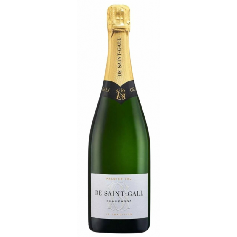 Botella de Champagne De Saint-Gall Sélection Brut con burbuja fina, Chardonnay y Pinot Noir, elaborado en Avize, Francia.