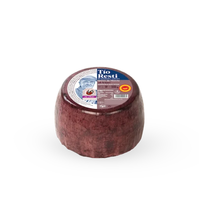 Queso de cabra al vino tinto Tío Resti 500 g, elaborado artesanalmente en Murcia con leche de cabra murciano-granadina y curado con vino natural.