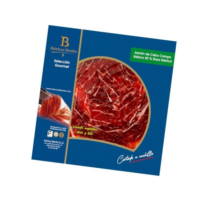 Jamón Cebo de Campo 50% Ibéricos Benito cortado a cuchillo 100 g – jamón ibérico de alta calidad en lonchas