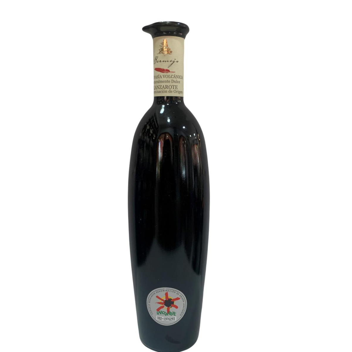 Botella de vino blanco Malvasía Volcánica Dulce de Lanzarote, vino canario con Denominación de Origen Lanzarote, elaborado a partir de uvas malvasía cultivadas en suelos volcánicos que aportan frescura, aromas tropicales y equilibrio natural.