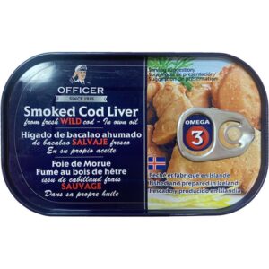 Lata de hígado de bacalao ahumado Officer 120 g, conserva gourmet de Islandia en aceite natural.