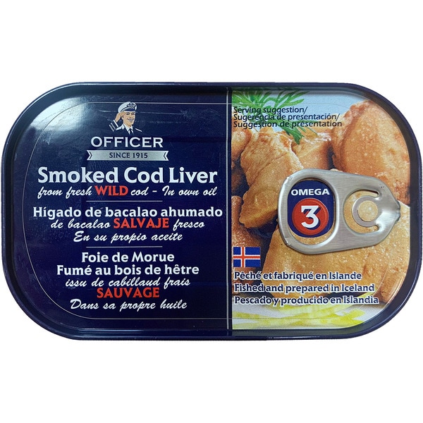 Lata de hígado de bacalao ahumado Officer 120 g, conserva gourmet de Islandia en aceite natural.