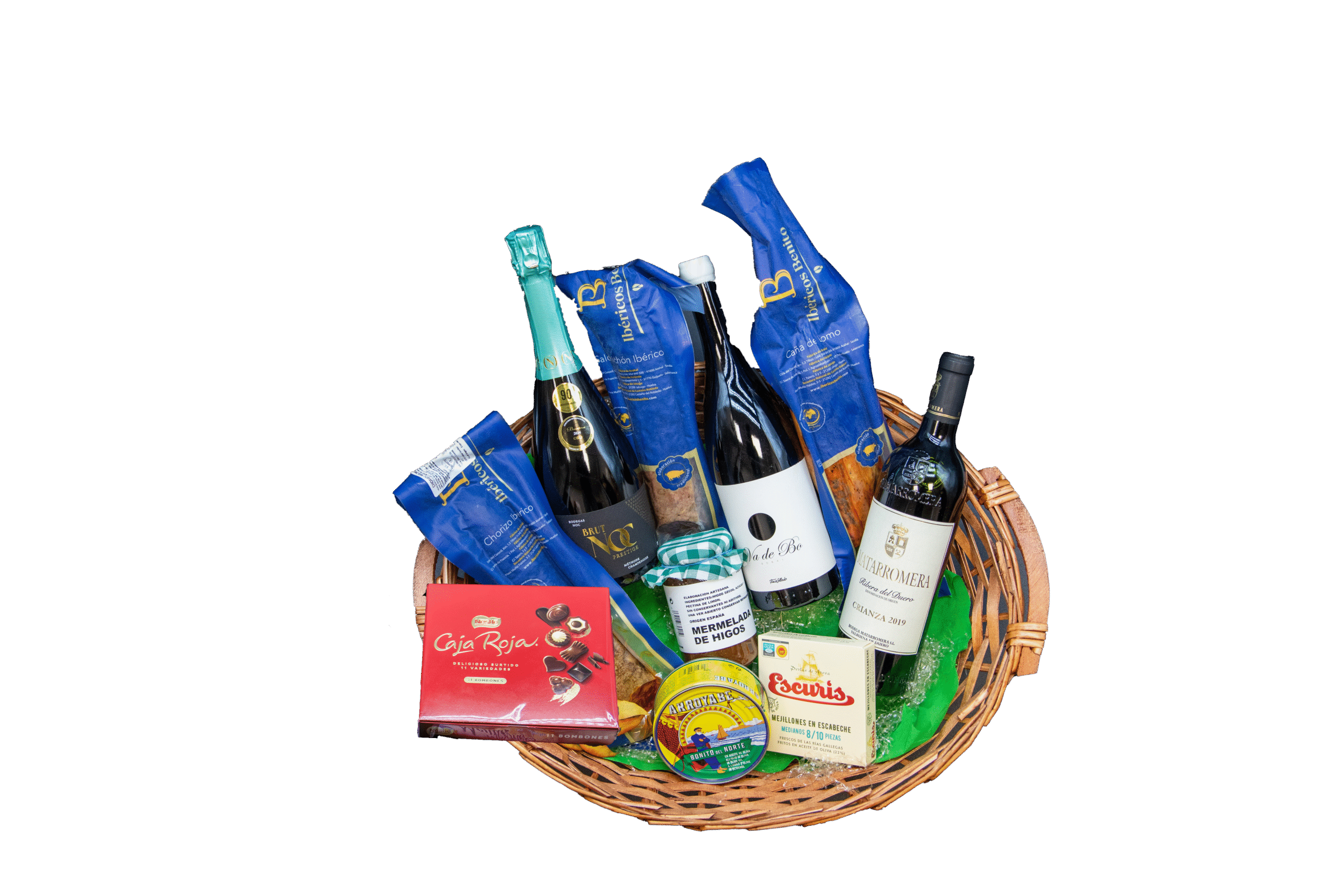 Cesta gourmet Ibérico con vinos Matarromera y Va de Bo, cava NOC Prestige, embutidos ibéricos Ibéricos Benito, conservas Escuris y Arroyabe, mermelada de higos El Labrador y bombones Nestlé Caja Roja