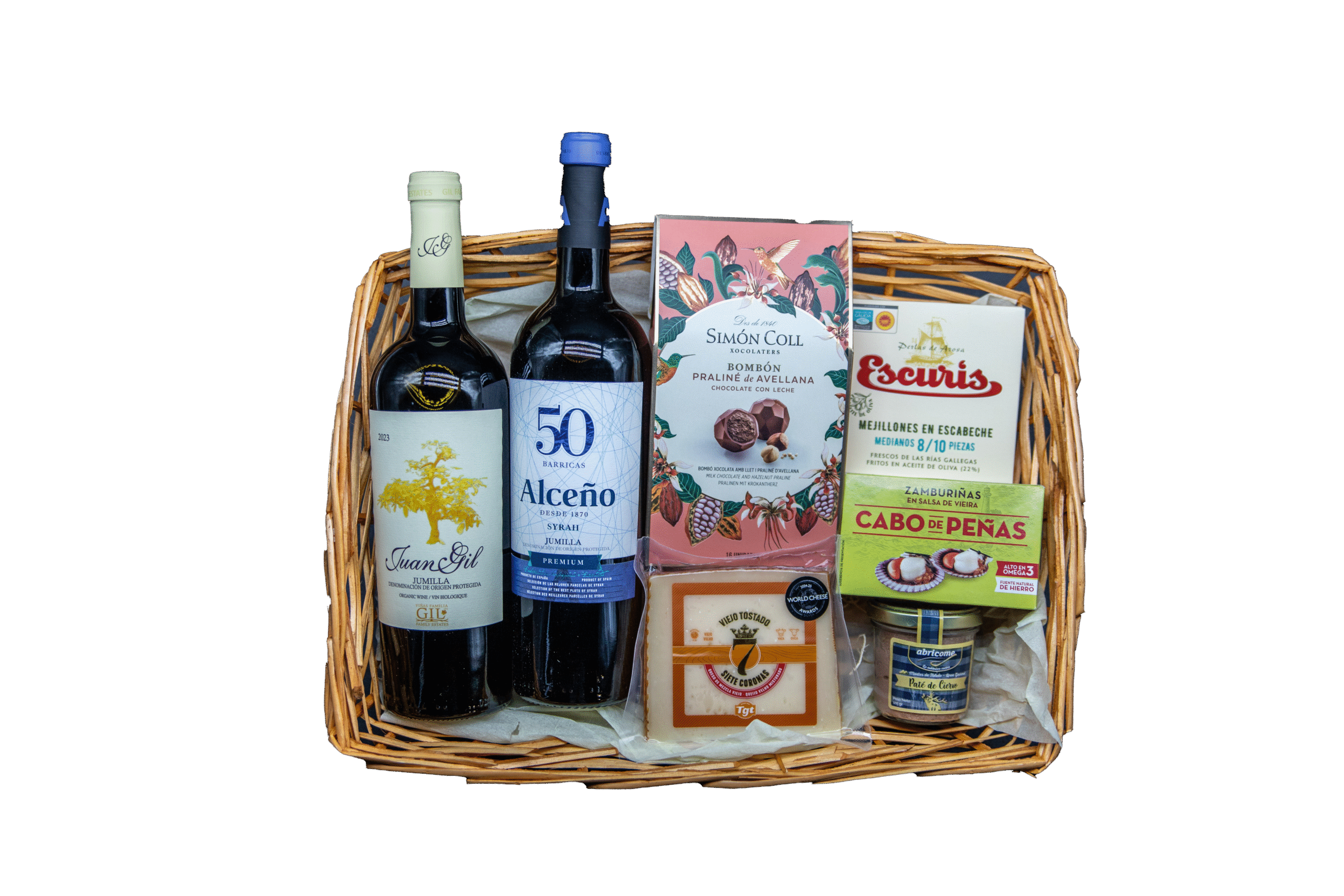 Cesta aperitivo gourmet con vinos, conservas gallegas, paté de ciervo, queso viejo y bombones.