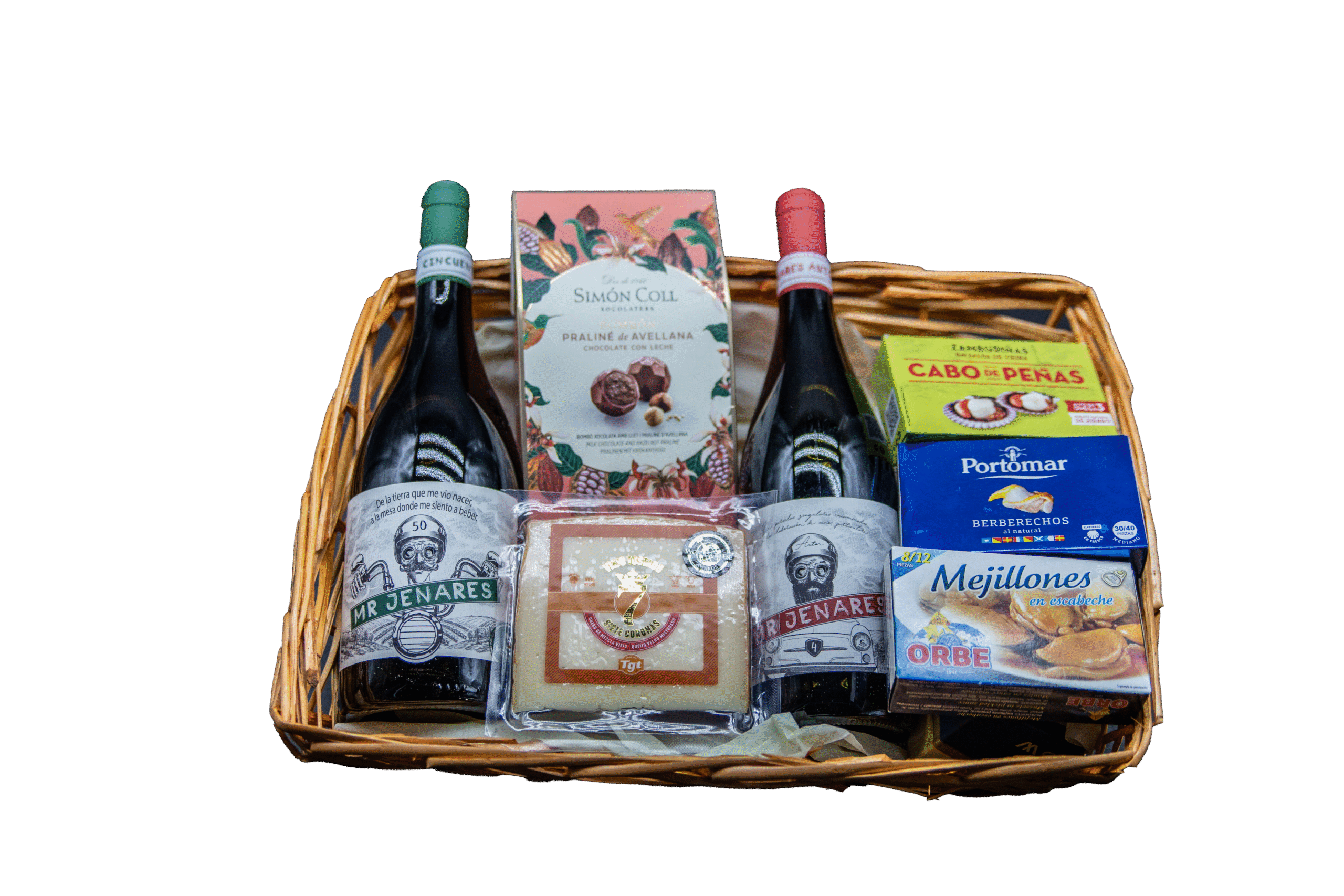 comprar Cesta gourmet Mr. Jenares con vinos, conservas, queso y bombones artesanales