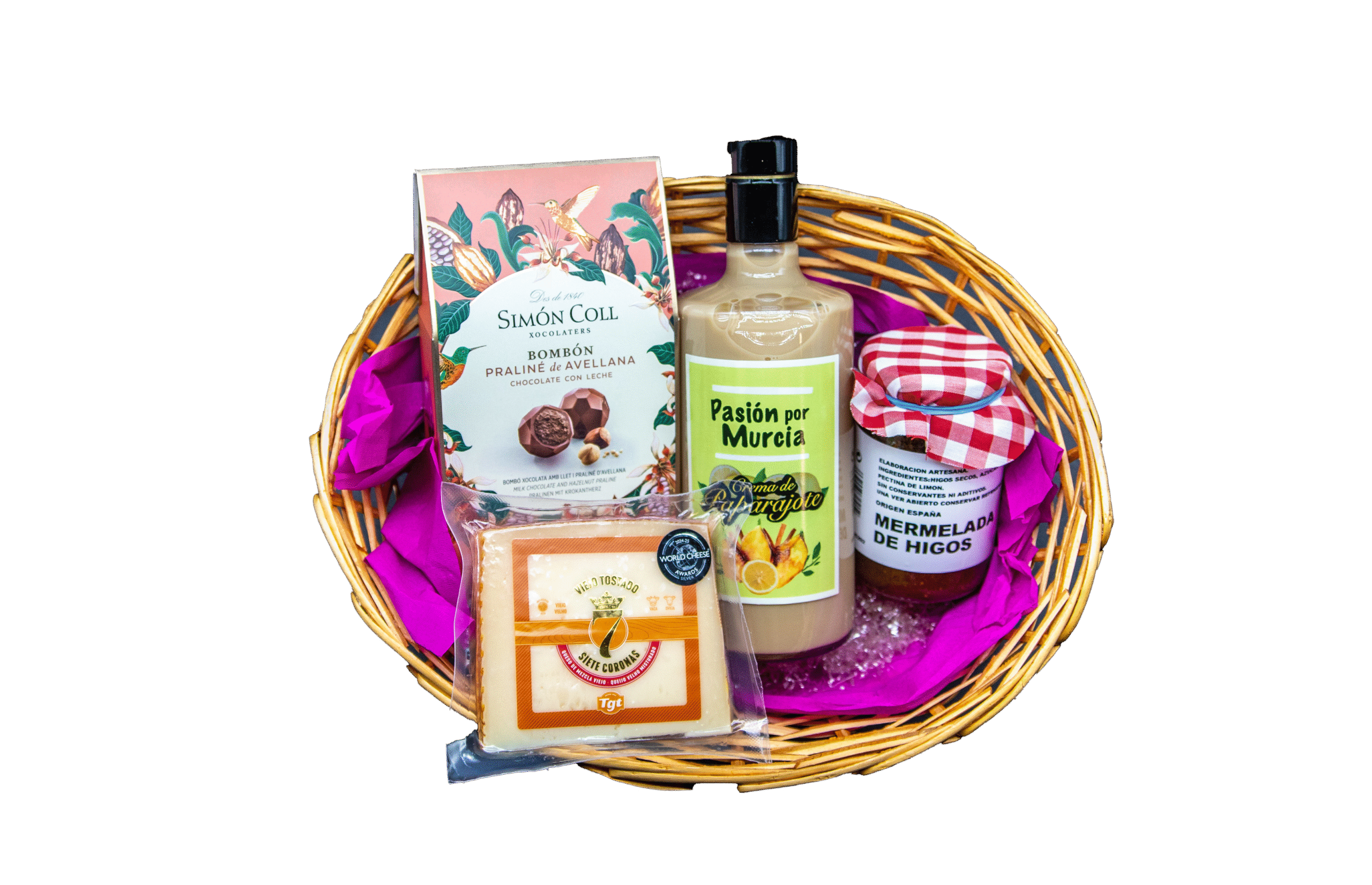 Cesta gourmet murciana con crema de paparajote, queso viejo tostado, mermelada artesanal de higos y bombones Simón Coll.
