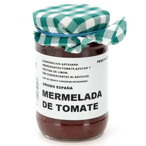 Mermelada de tomate El Labrador Productos Artesanos en tarro de cristal, elaborada de forma artesanal con tomates seleccionados y sin conservantes.