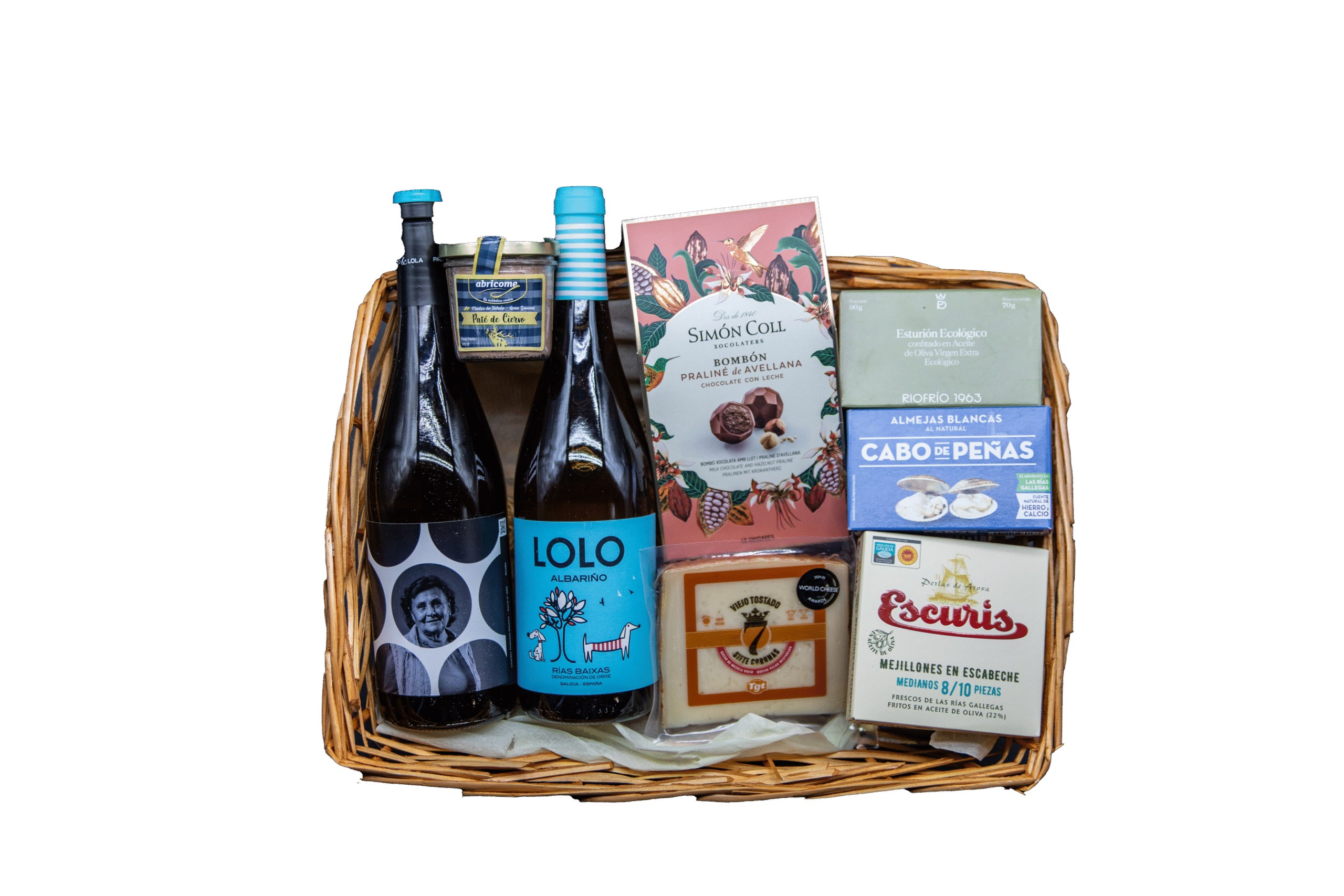 Cesta gourmet Rías Baixas con vinos Albariño Paco & Lola y Lolo, conservas de mariscos, queso Viejo Tostado 7 Coronas, paté de ciervo Abricome y bombones Simón Coll