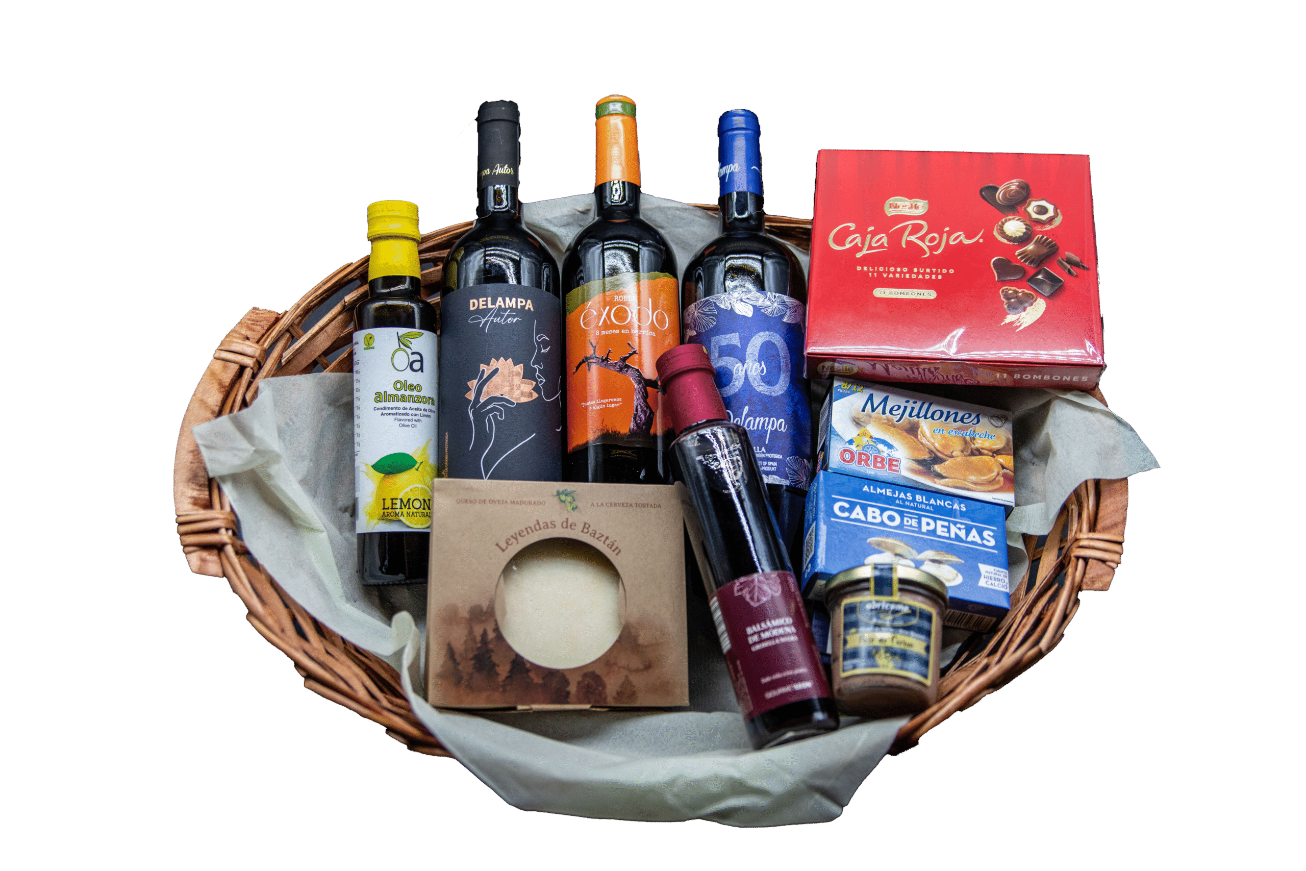 Regalo Cesta gourmet Delicatessen con vinos Delampa, conservas de lujo, queso madurado a la cerveza, aceite aromatizado al limón y bombones, ideal para regalos gourmet