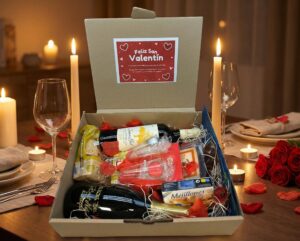 Caja cena gourmet San Valentín con vinos, ibéricos, conservas y copas