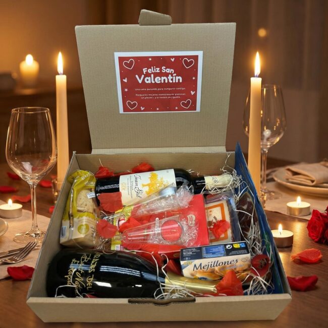 Caja cena gourmet San Valentín con vinos, ibéricos, conservas y copas