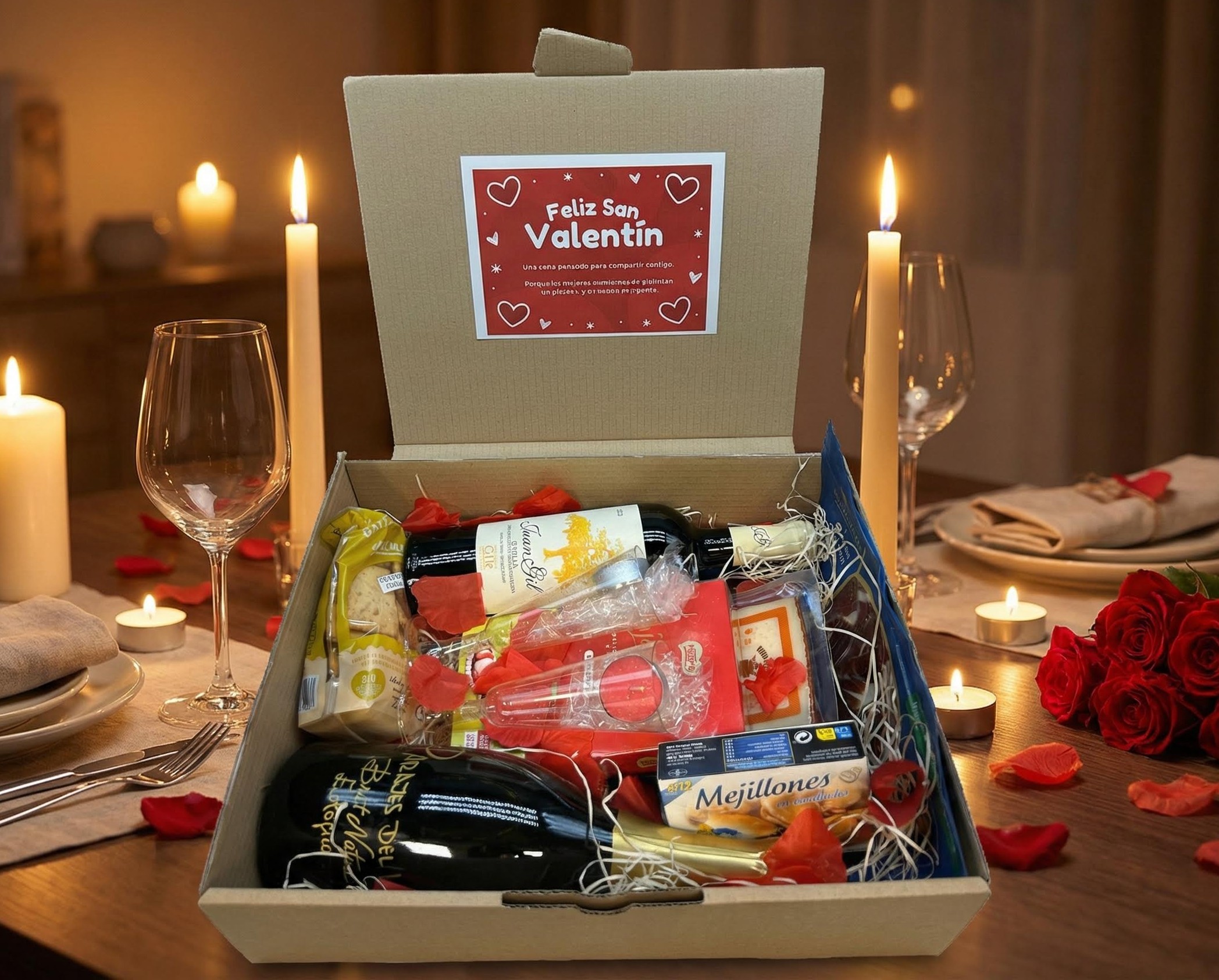 Caja cena gourmet San Valentín con vinos, ibéricos, conservas y copas